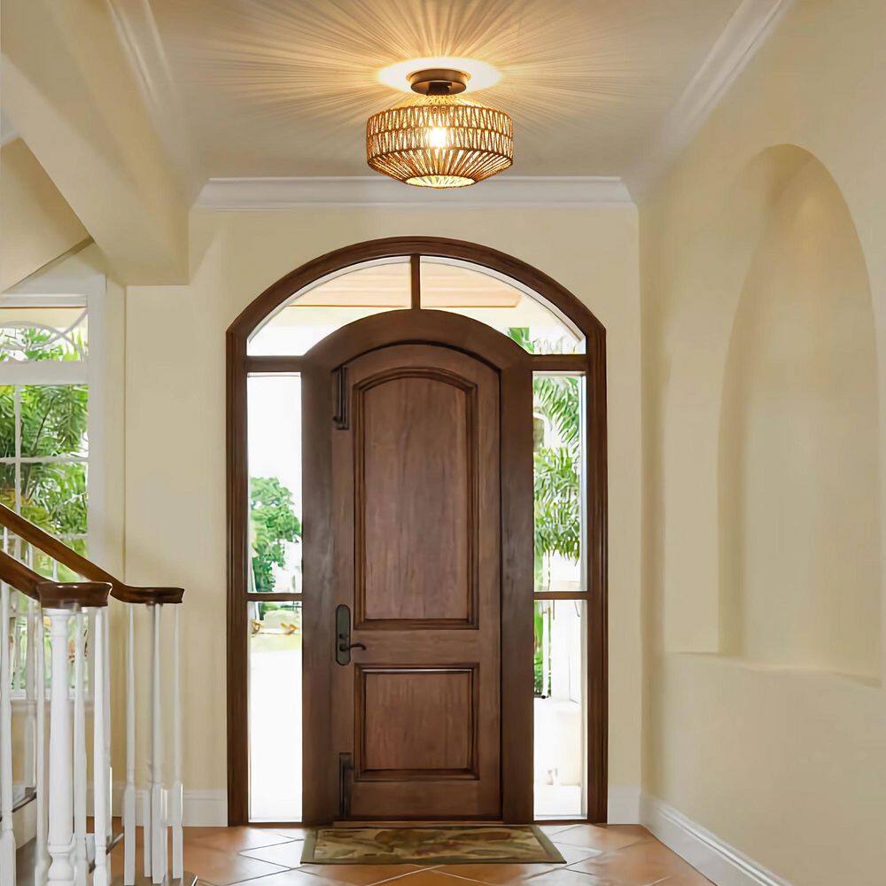 11.81 in. 3-Light Black Brown Farmhouse Semi-Flush Mount Light with Hemp Ropes Shade and No Bulbs Included - Hercitys