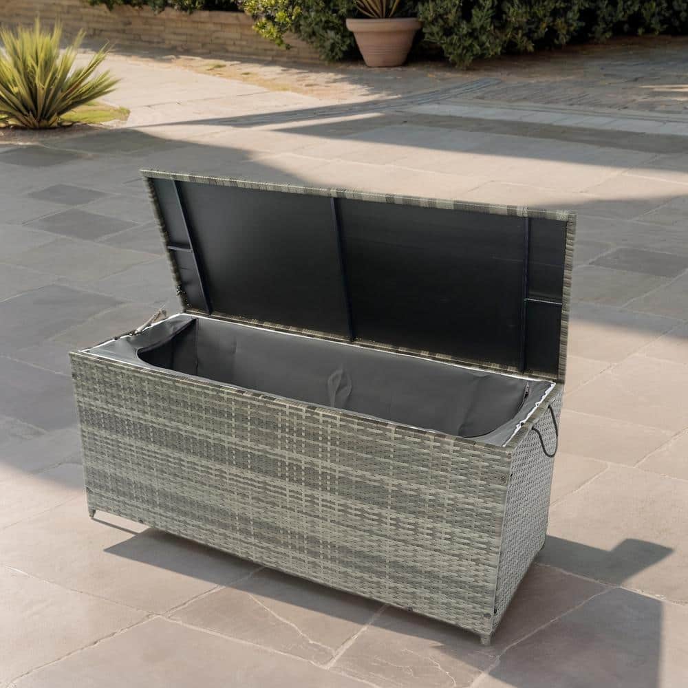 113 Gallon Wicker Patio Deck Boxes with Lid, Outdoor Storage Box for Kids Toys, Pillows, Towel Grey Wicker - Hercitys