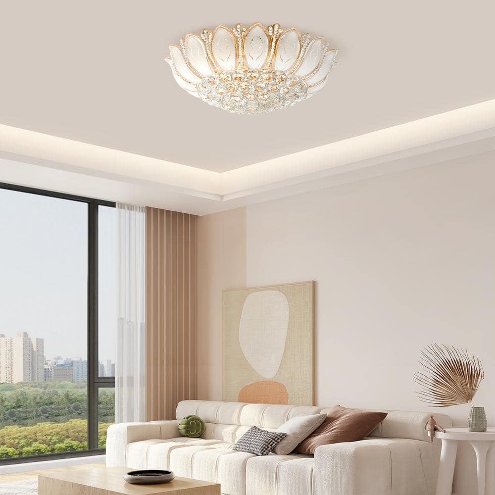 23 in. 7-Light Modern Gold Lotus Flower Shape Flush Mount Ceiling Lamp with Remote Control - Hercitys