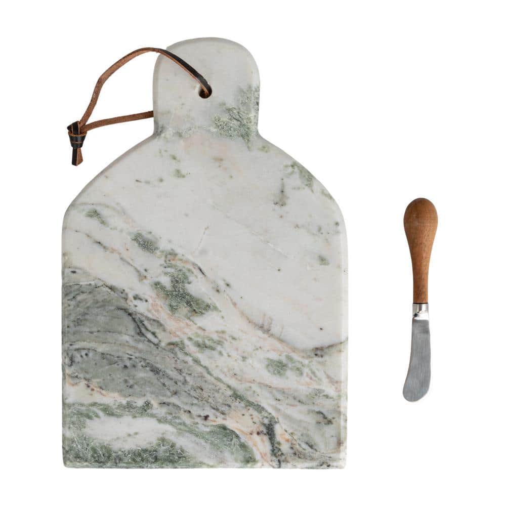 12 in. Green Melange & Natural Marble Cheese and Cutting Boards with Canafe Knife, Handle and Leather Tie (Set of 2) - Hercitys