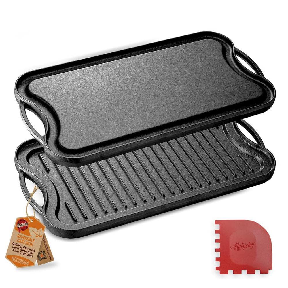 19.96 in. Kitchen Flat Grill Plate Pan Reversible Cast Iron Griddle Classic Flat Grill Pan Design with Scraper - Hercitys