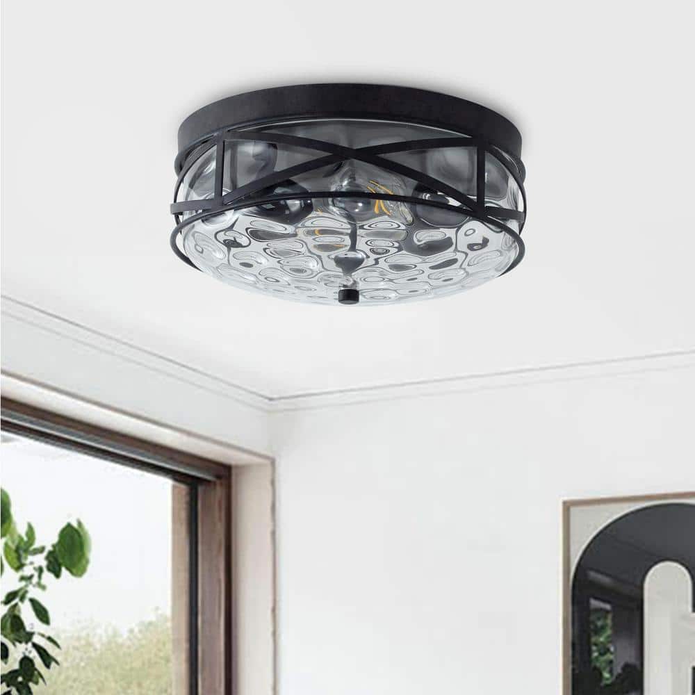 11.4 in. 2-Light Farmhouse Flush Mount Ceiling Light Fixture with Water Ripple Glass Shade - Hercitys