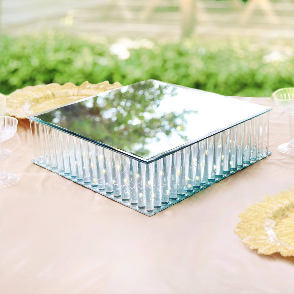 1-Tier Clear Square Mirror LED Fairy Light Up Glass Columns Cake Stand Dessert Display Tray 14 in. - Hercitys