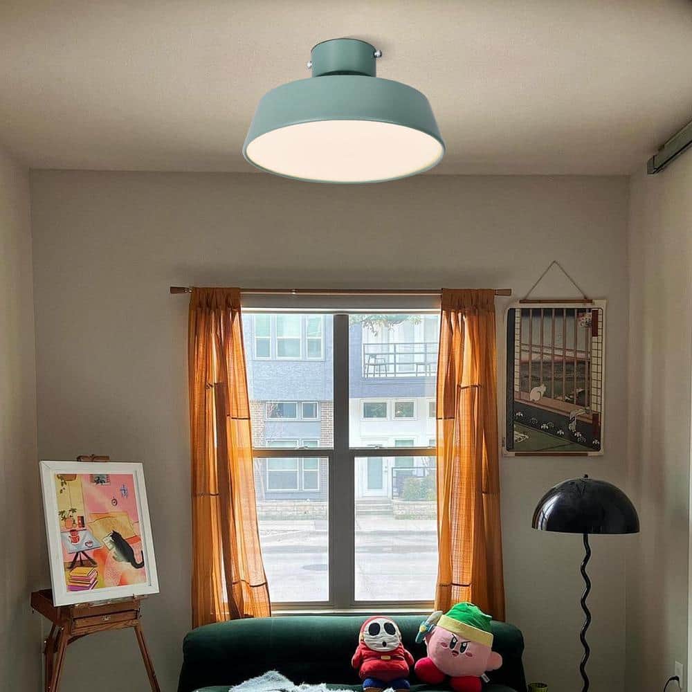 11.81 in. 1-Light Green LED Semi-Flush Mount with Drum Shade Scandinavian Ceiling Light - Hercitys