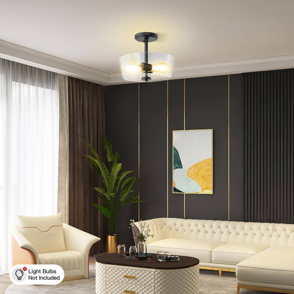 12 in. 2-Light Matte Black Round Semi-Flush Mount, Modern Ceiling Light with Clear Glass Drum Shade - Hercitys