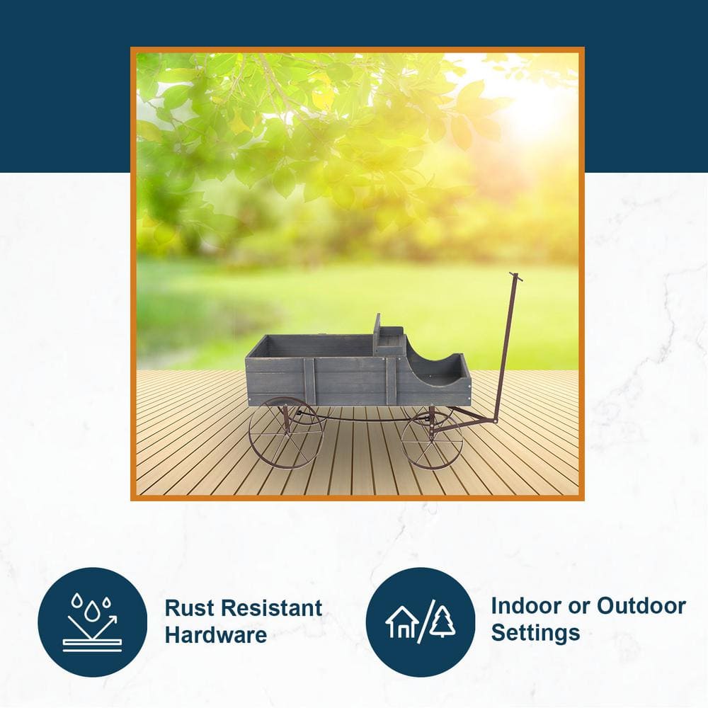 52 in. L Gray Cedar Wood Buckboard Amish Wagon Decorative Garden Planter - Hercitys