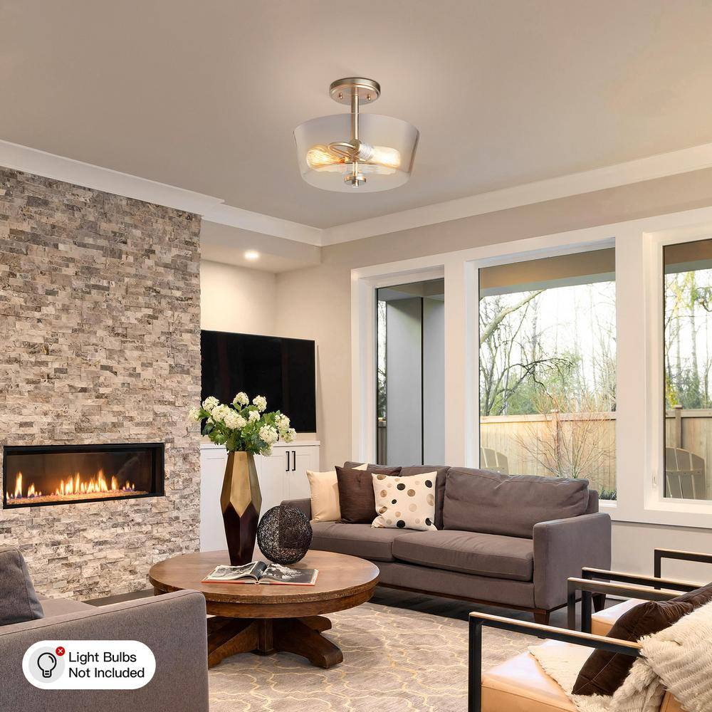 12 in. 2-Light Brushed Nickel Round Semi-Flush Mount, Modern Ceiling Light with Clear Glass Drum Shade - Hercitys