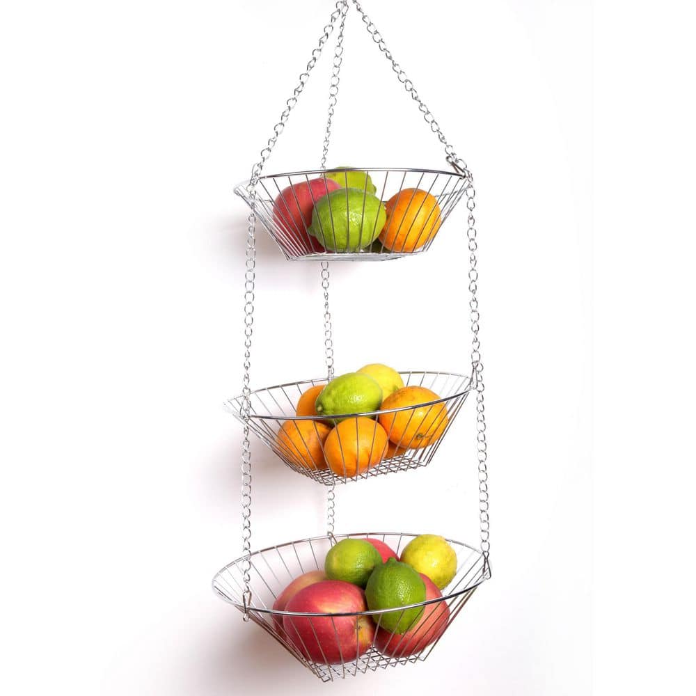 3-Tier Chrome Plated Iron Wire Hanging Basket Kitchen Accessory Storage Organizer, 11.8 Diam. x 31.5 in H Hanging Size - Hercitys