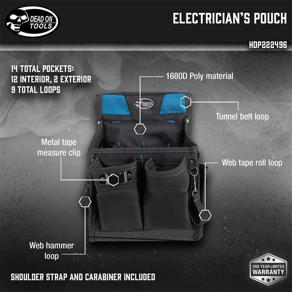 11 in. 14-Pocket Electricians Professional Tool Belt Pouch with Hammer Loop and Tape Measure Holder in Black - Hercitys