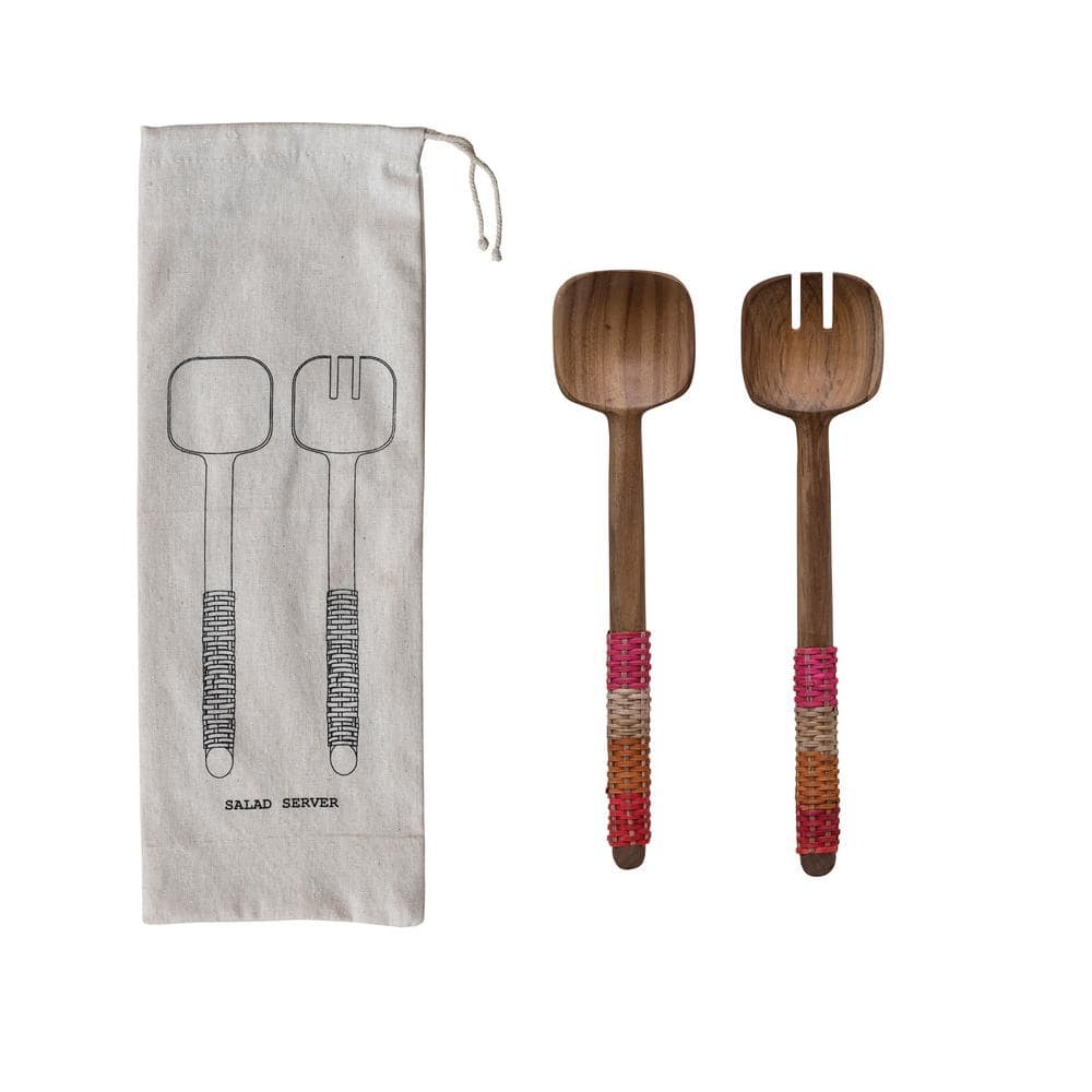 2-Piece Teakwood Salad Servers with Rattan Wrapped Handles and Drawstring Bag - Hercitys