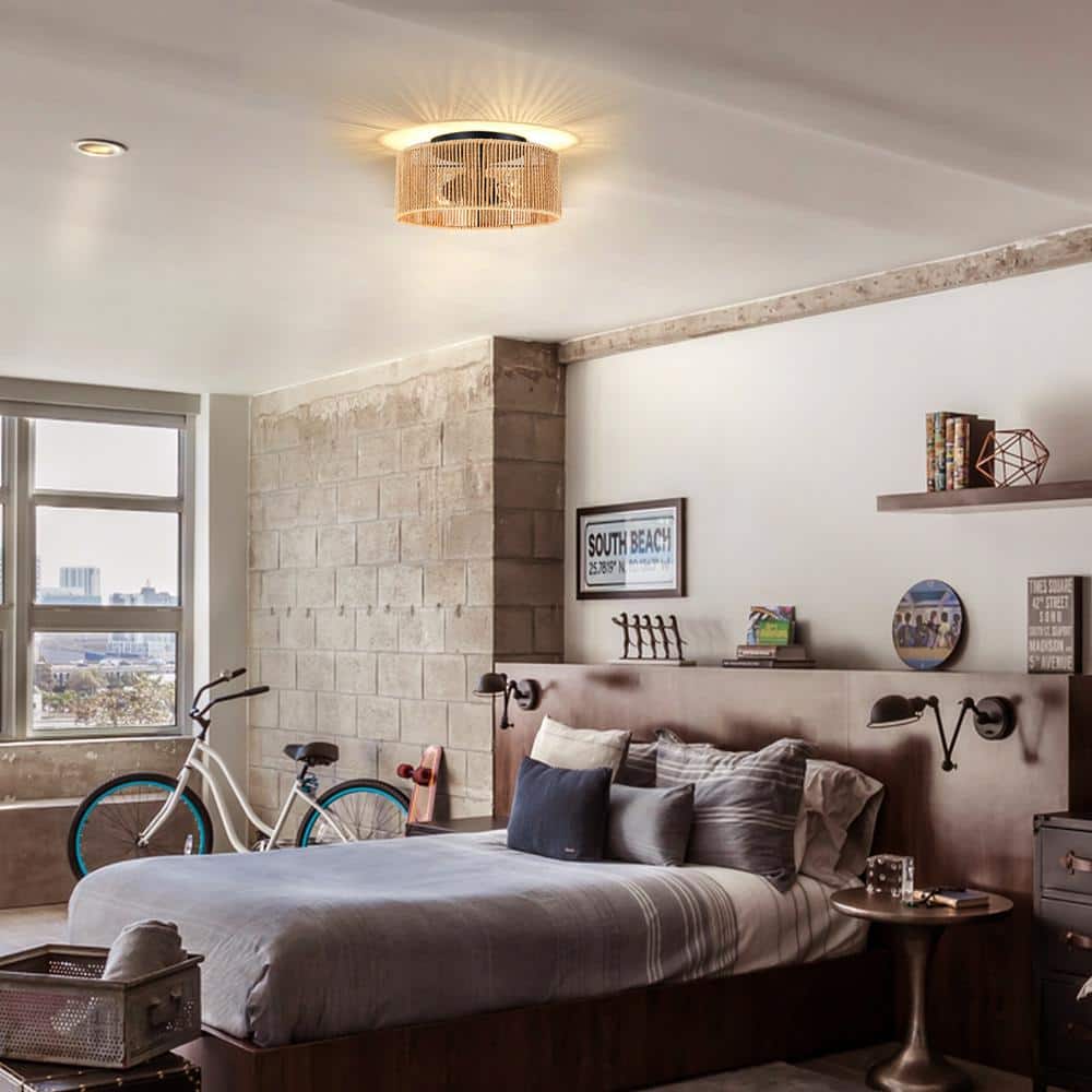 12 in. 2-Light Matte Black Modern Flush Mount with Natural Paper Shade No Bulbs Included - Hercitys