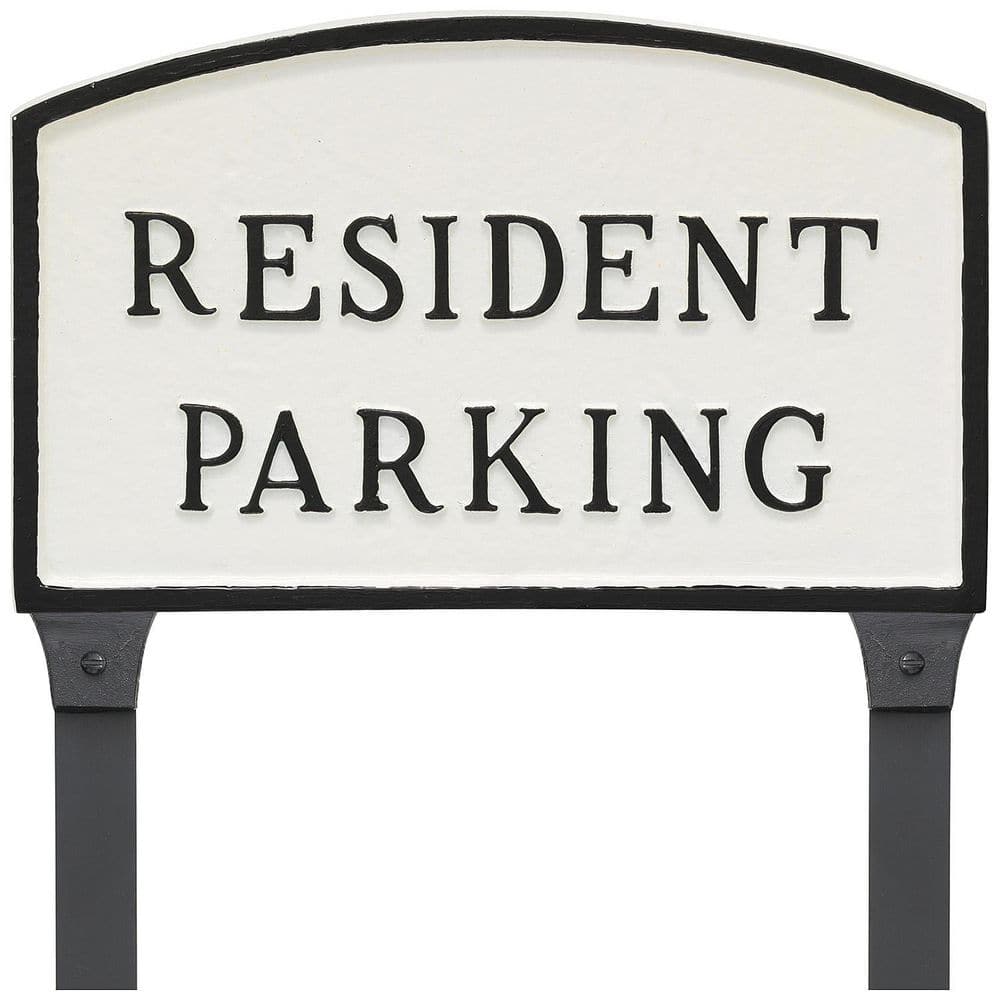 10 in. x 15 in. Standard Arch Resident Parking Statement Plaque Sign with 23 in. Lawn Stakes – White/Black - Hercitys