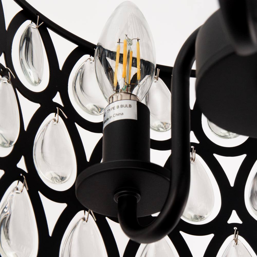 12 in. 3-Light Matte Black Semi-Flush Mount Ceiling Light with Teardrop Crystal Accents, E12 Base, No Bulbs Included - Hercitys