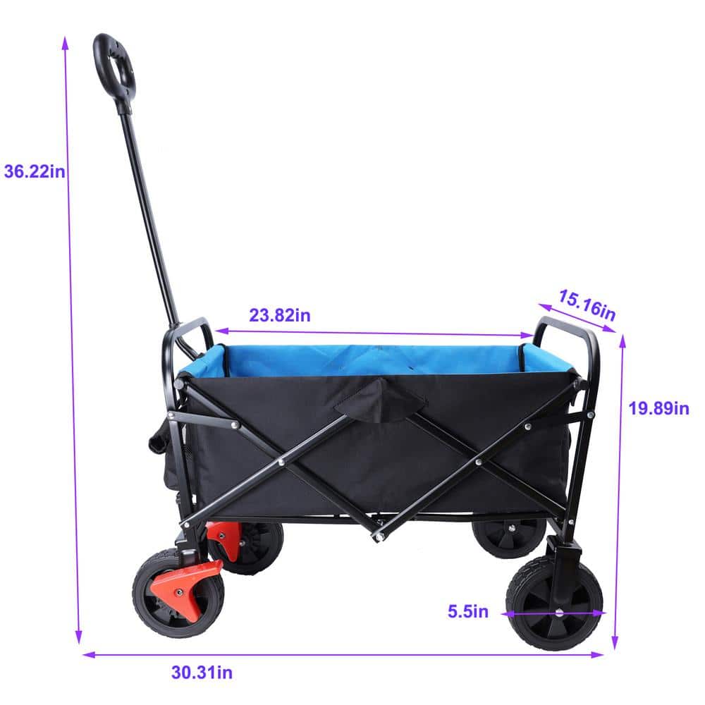 1.3 cu.ft. Mini Folding Wagon, Metal Garden Cart, Beach Shopping (Black and Blue and Brake) - Hercitys
