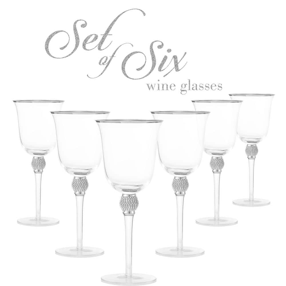 (Set of 6) Luxurious Rose and White 18 oz. Wine Glass with Dazzling Rhinestone Design and Silver tone Rim - Hercitys