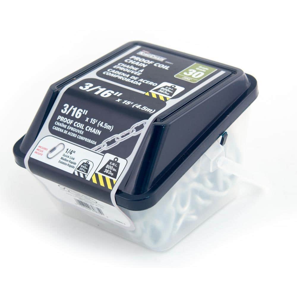 3/16 in. x 15 ft. Grade 30 Proof Coil Chain Zinc Plated Grab-N-Go Plastic Tub - Hercitys