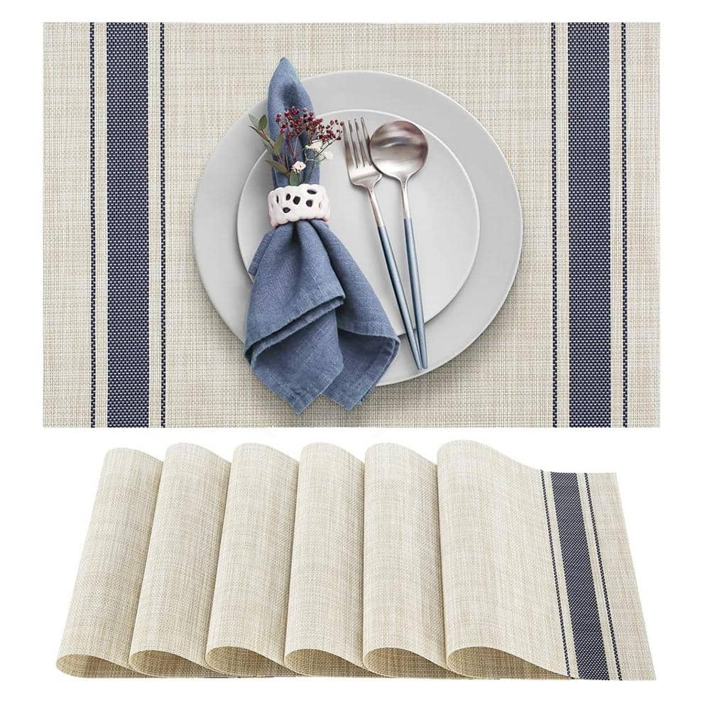 18 in. x 12 in. Blue Stripes Placemats Soft and Elegant Woven Vinyl, Water Resistant and Washable Table Mats Set of 6 - Hercitys