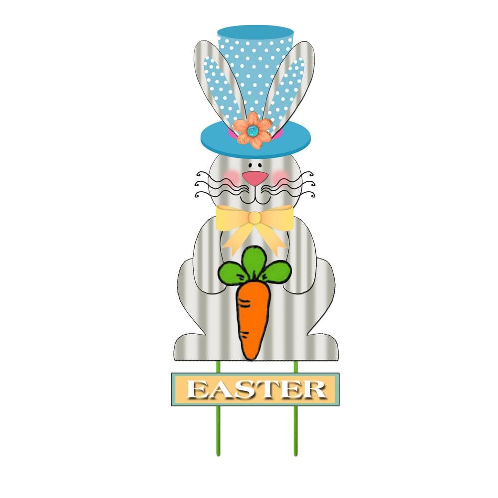 31.5 in. Metal Easter Welcome Bunny Garden Stake with Blue Hat - Hercitys
