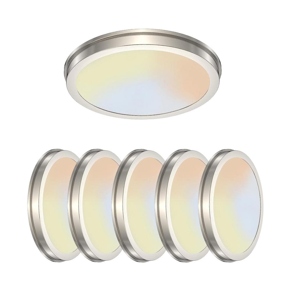 14 in. Brushed Nickel Slim Flush Mount with Frosted Glass Shade Integrated LED Dimmable Lamp (6-Pack) - Hercitys
