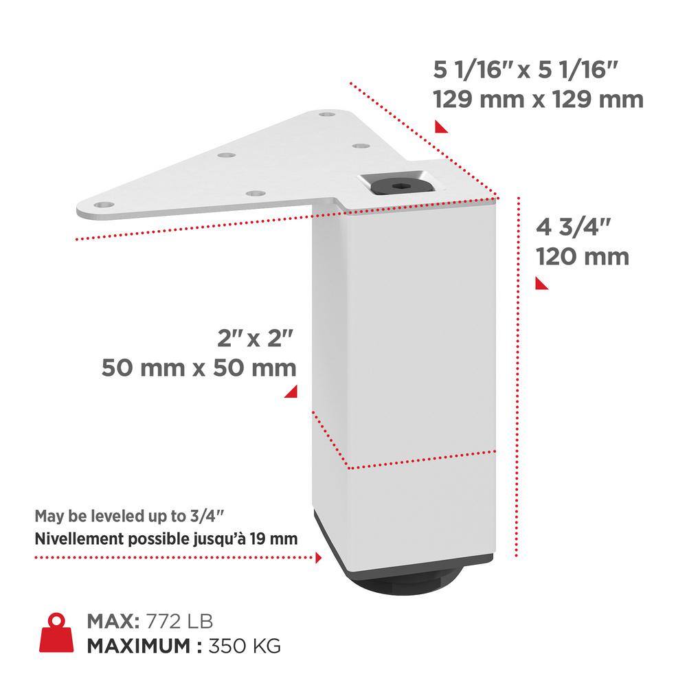 (4-Pack) 4 3/4 in. (120 mm) Matte White Metal Square Furniture Leg with Leveling Glide - Hercitys