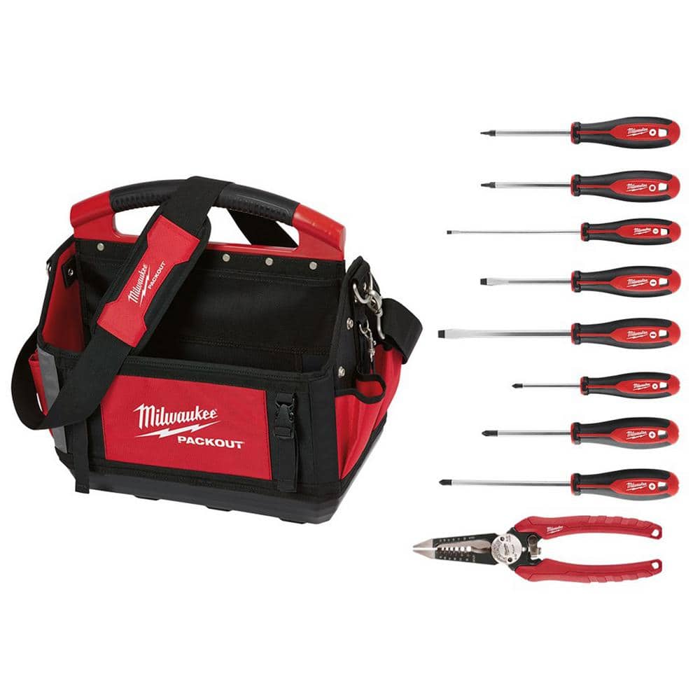 15 in. PACKOUT Tote with 6-in-1 Wire Strippers Pliers and Screwdriver Set (10-Piece) - Hercitys