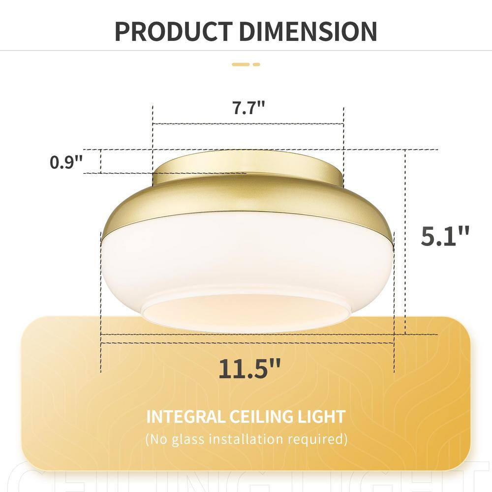 12 in. 12-Watt Modern Antique Gold Integrated LED Flush Mount with Milky White Glass - Hercitys