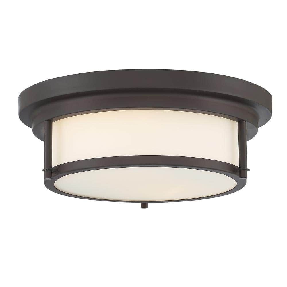 13 in. W x 4.5 in. H 2-Light Oil Rubbed Bronze Flush Mount Light with White Glass Cylindrical Shade - Hercitys