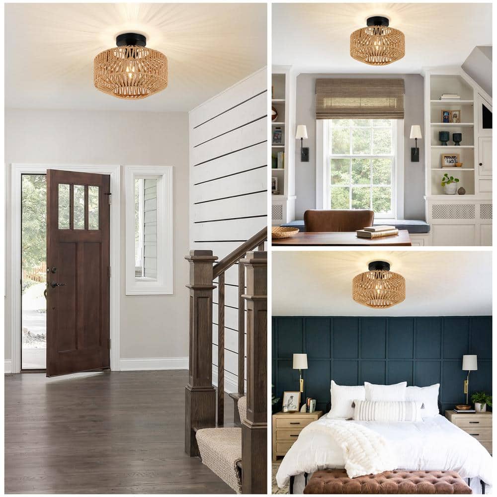 11.8 in. 1-Light Brown Rattan LED Semi-Flush Mount Light with Dimmable LED Bulb - Hercitys