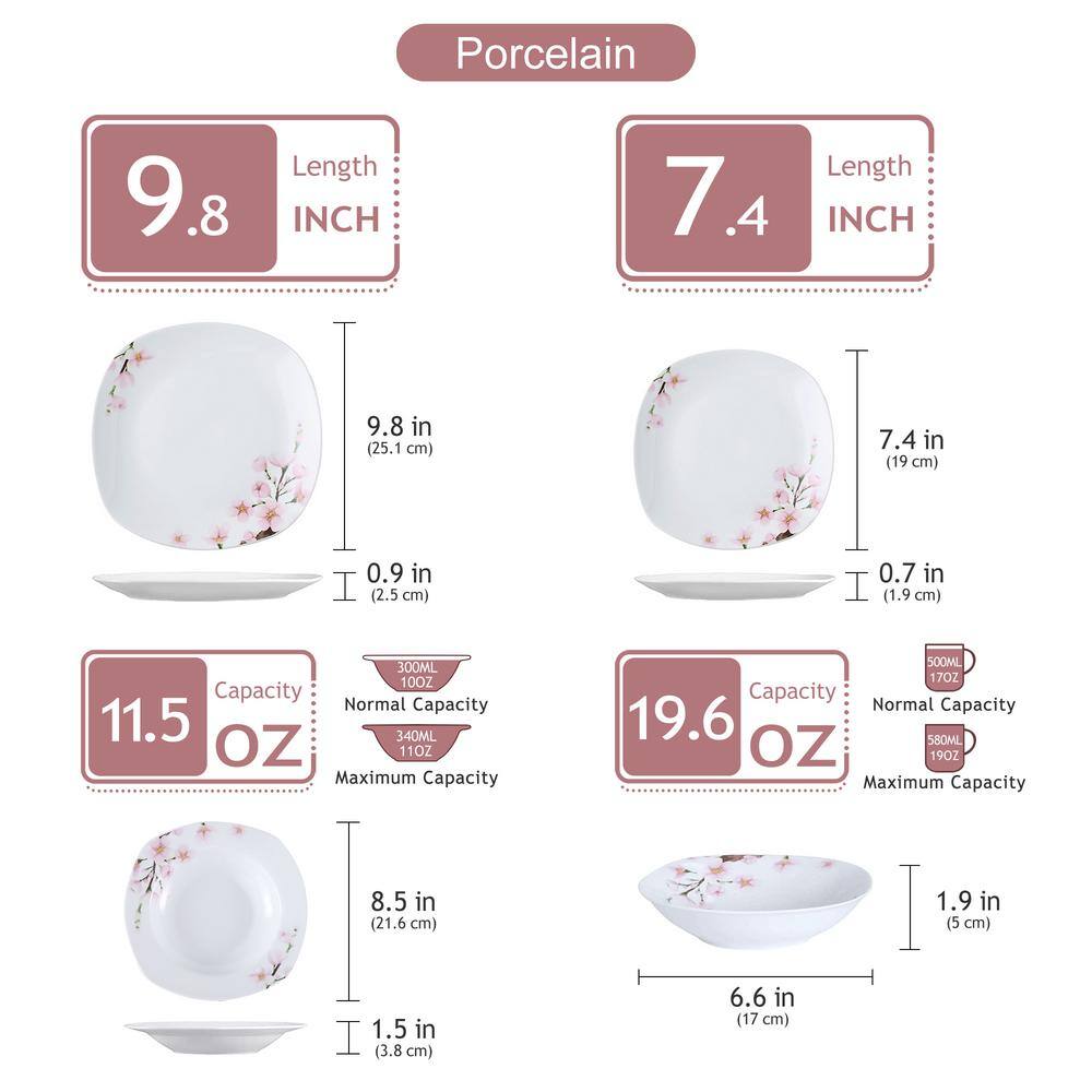48-Piece Pink Floral Ivory White Porcelain Dinnerware (Set Service for 12) - Hercitys