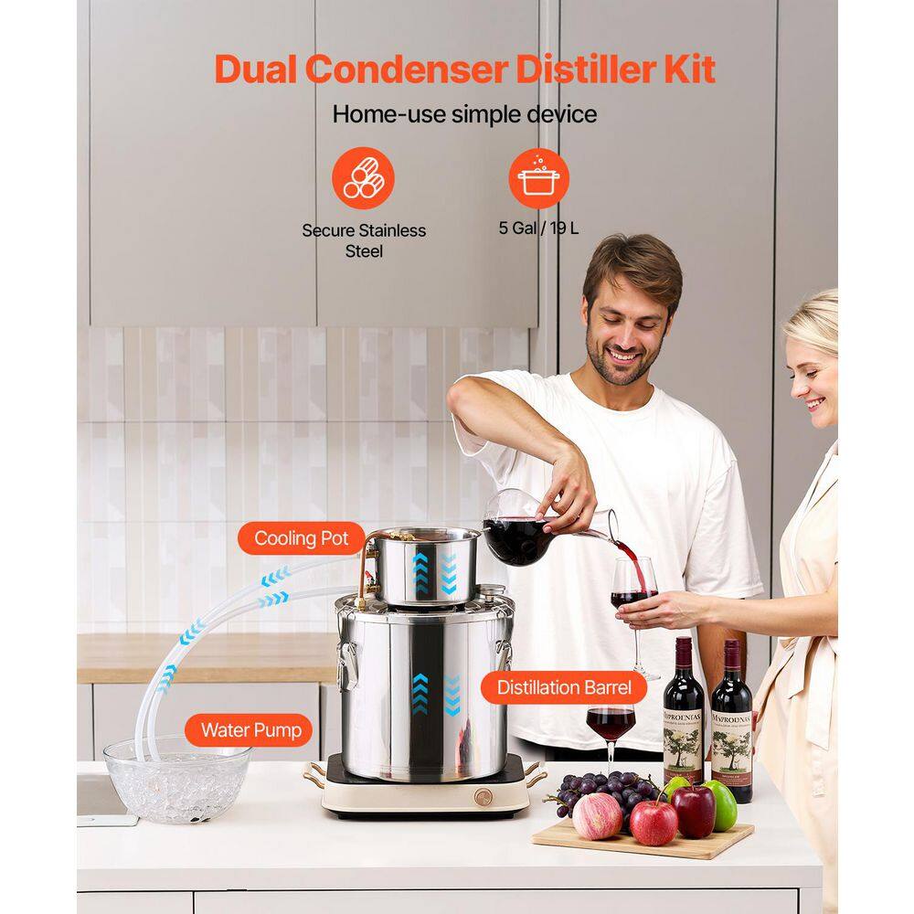 5 Gal. / 19 L Stainless Steel Alcohol Still with Copper Coil, Home Brewing Distiller Kit with Thermometer and Pump - Hercitys