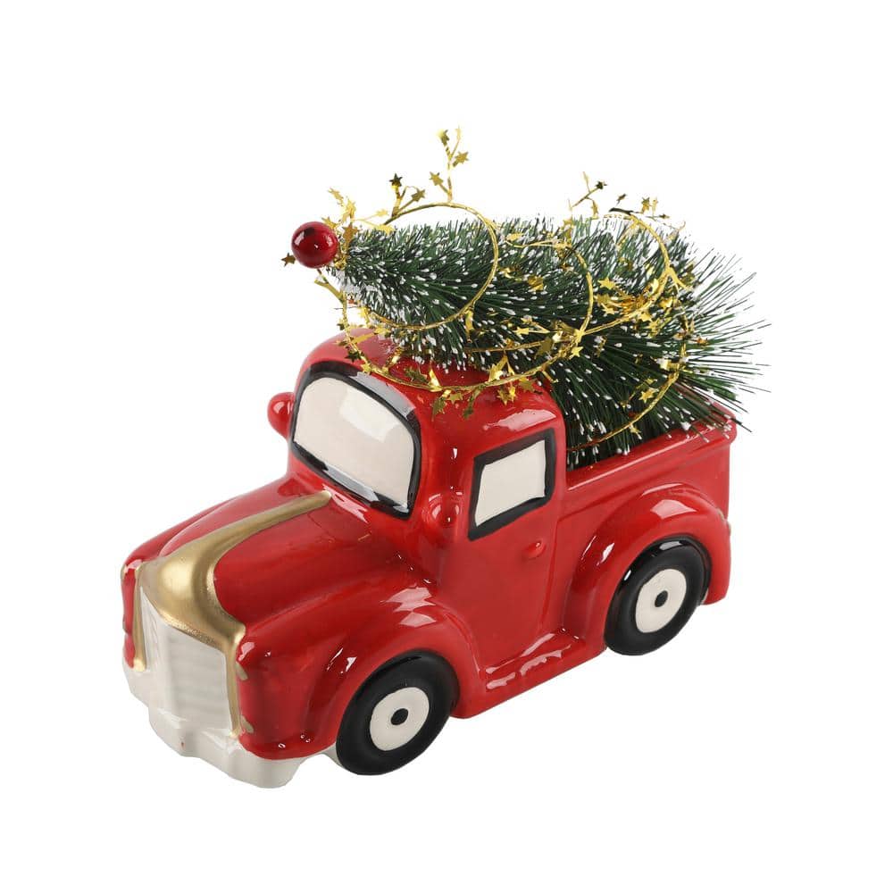 10 in. L x 7 in. H Ceramic Christmas Tree Truck in Red - Hercitys
