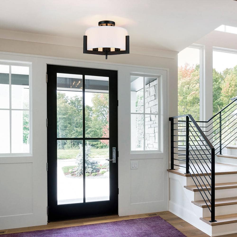 14 in. 3-Light Matte Black Semi-Flush Mount Ceiling Light with Drum Shade - Hercitys