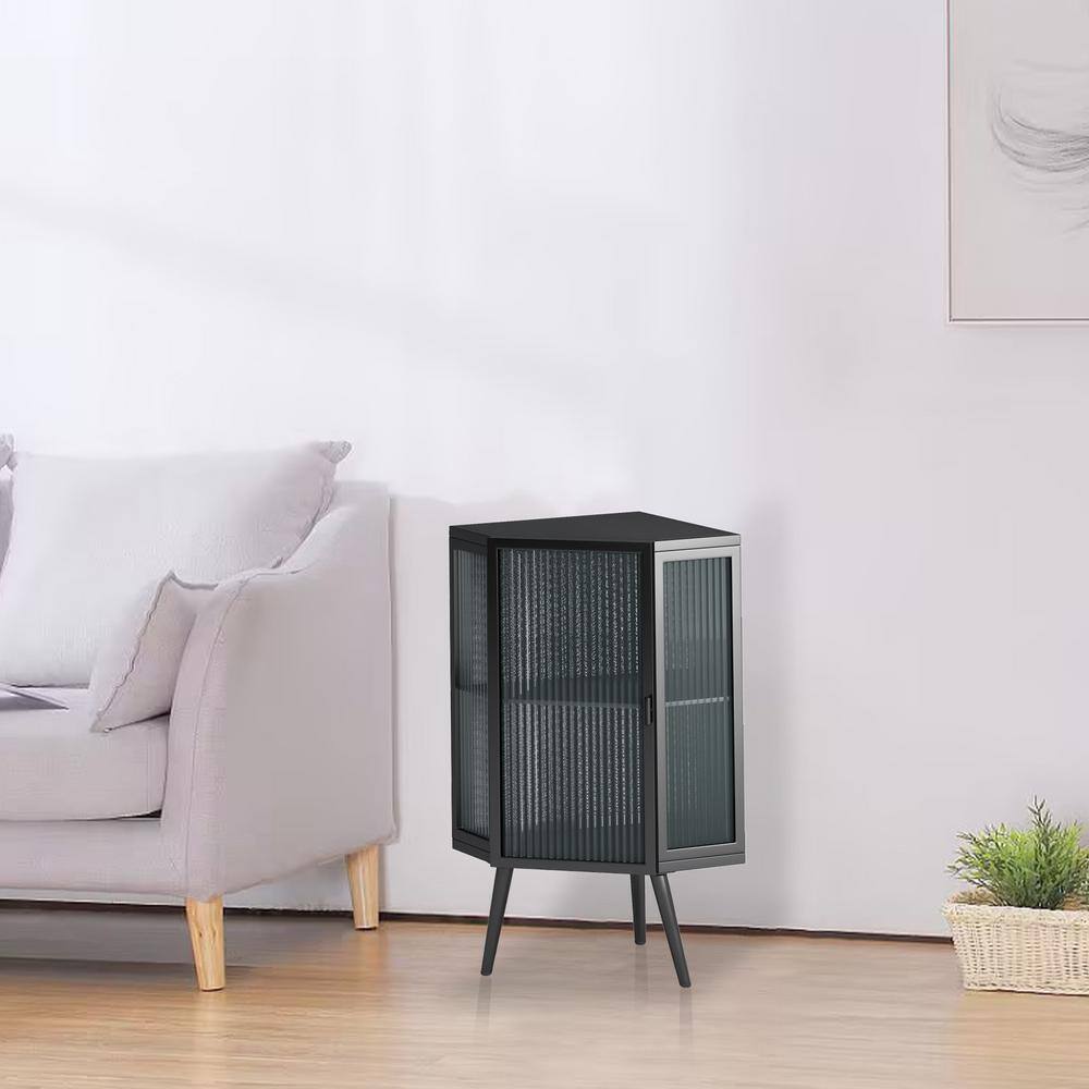 22 in.L x 16 in.W x 32 in. H Black Ready to Assemble Floor Coner Cabinet with Tempered Glass Door and Storage Shelves - Hercitys