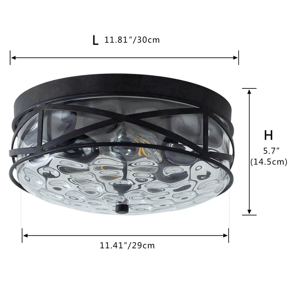 11.4 in. 2-Light Farmhouse Flush Mount Ceiling Light Fixture with Water Ripple Glass Shade - Hercitys
