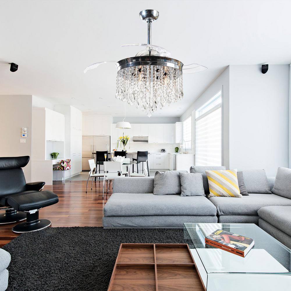 42 in. Retractable Chrome Crystal Ceiling Fan with Light Kit and Remote Control - Hercitys