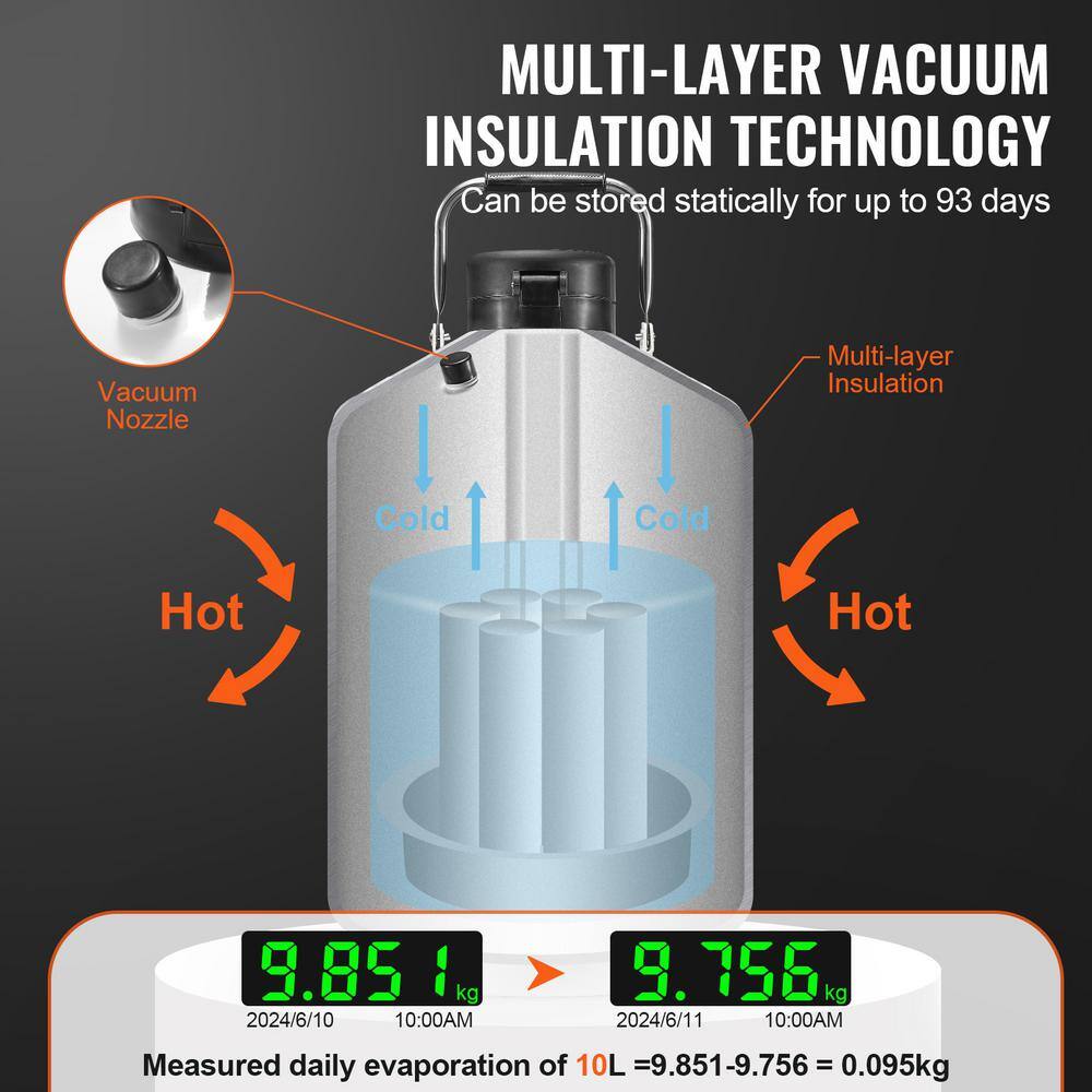 10 L Liquid Nitrogen Tank, Aluminum Alloy Dewar with 6-Canisters, Carry Bag and Straps, Cryogenic LN2 Tank - Hercitys