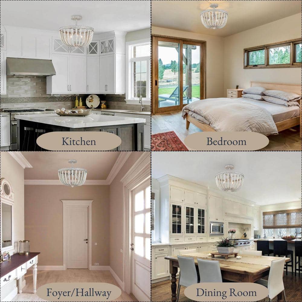 16 in. Modern Farmhouse Antique White Wood Beaded Semi-Flush Mount, 3-Light Bohemian Round Basket Ceiling Lighting - Hercitys