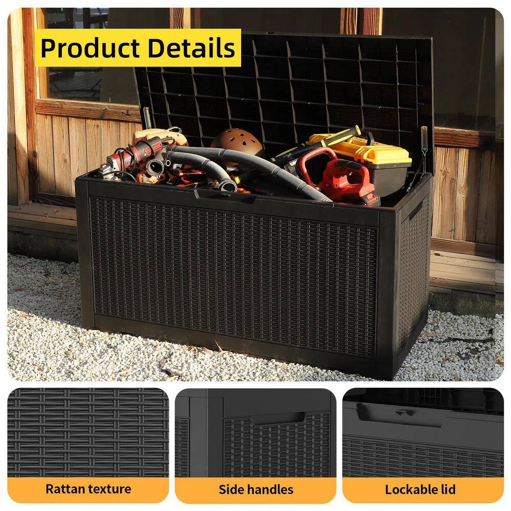 100 Gal. Large Plastic Rattan Deck Box with Gas Pressure Spring in Black - Hercitys