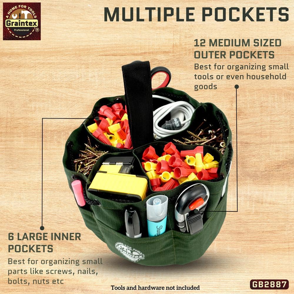 10 in. 18-Pockets Grab Tool Bag with Drawstring Closure in Hunter Green Canvas - Hercitys