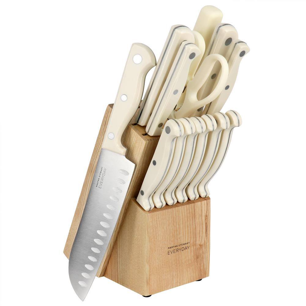 14 Piece Stainless Steel Cutlery and Wood Block Set in Linen - Hercitys