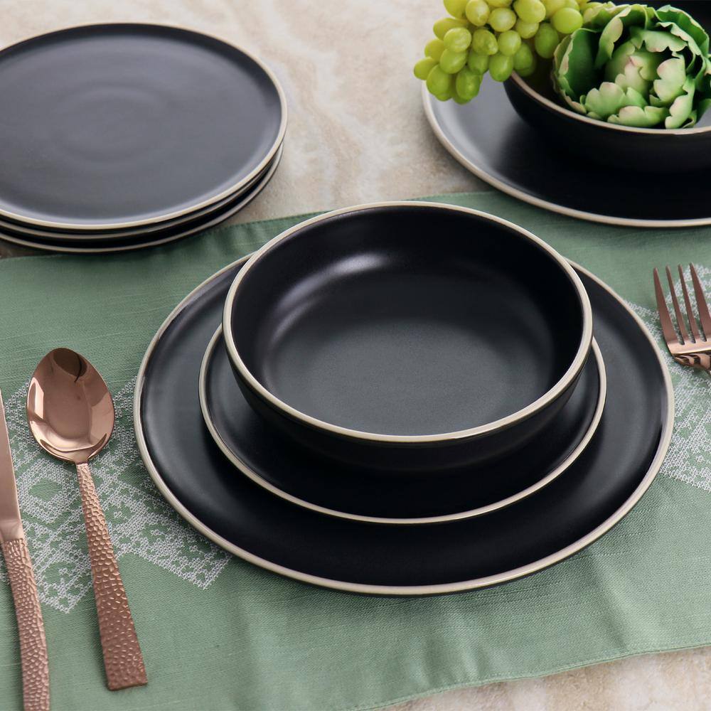 12 Piece In Black Round Stoneware Dinnerware Set Serenade - Hercitys