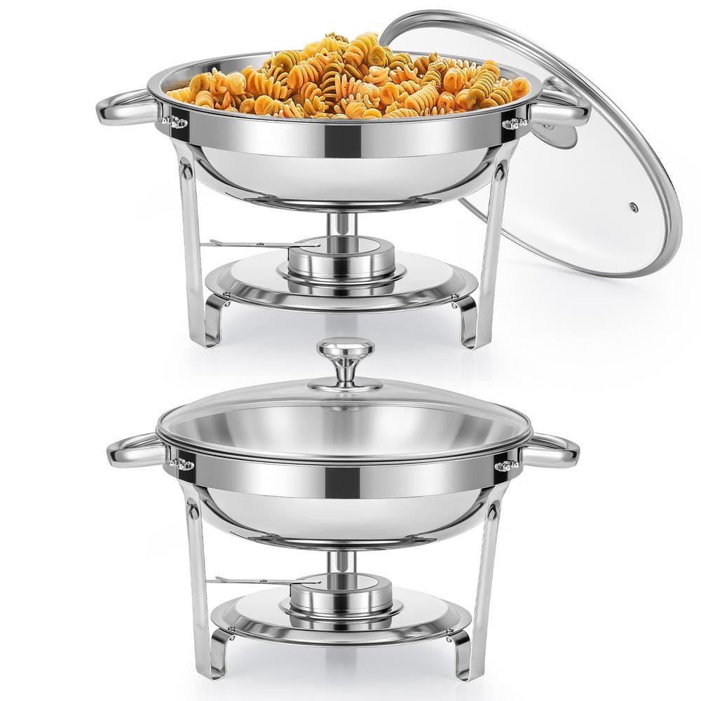 2-Pack 5 qt. Stainless Steel Round Chafing Dishes Buffet Set with Glass Lid Holder - Hercitys