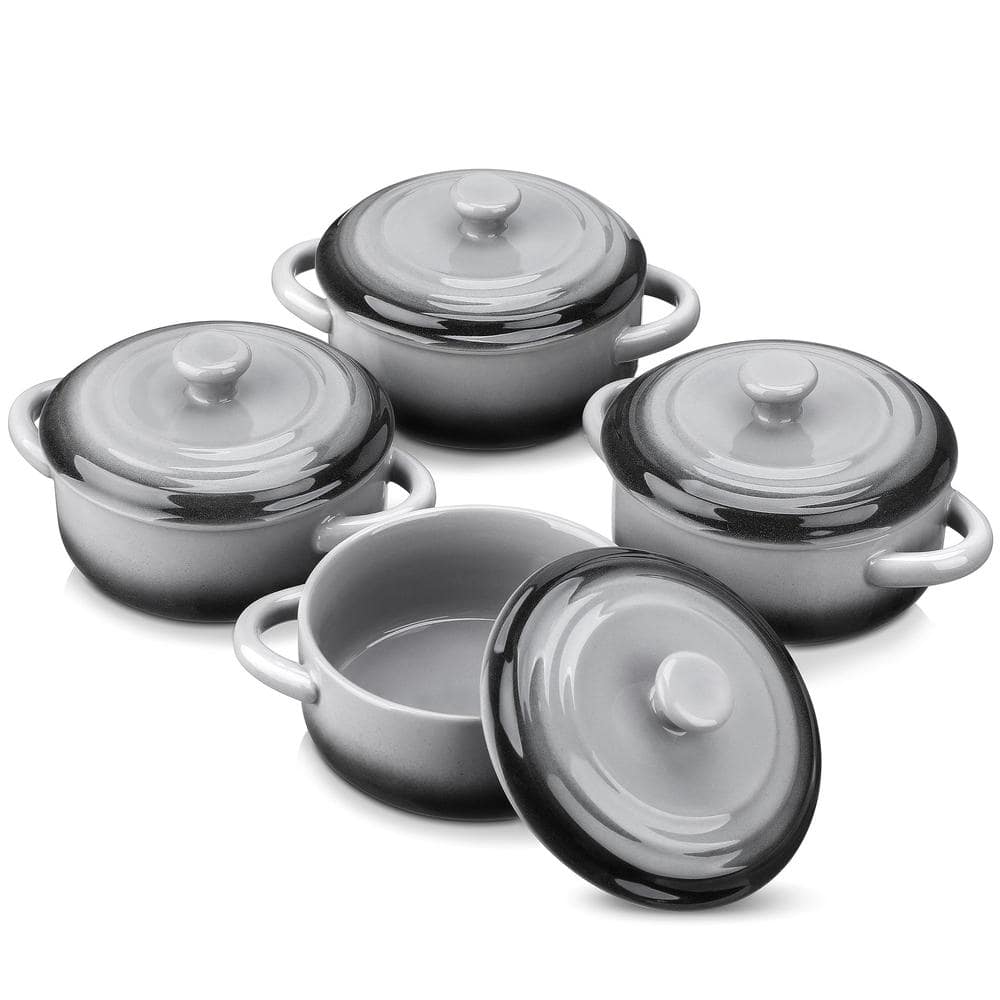 4-Piece Round Ceramic Soup Bowls with Handles, Mini Baking Ramekins, Oven and Microwave Safe Casserole Set, Black Gray - Hercitys