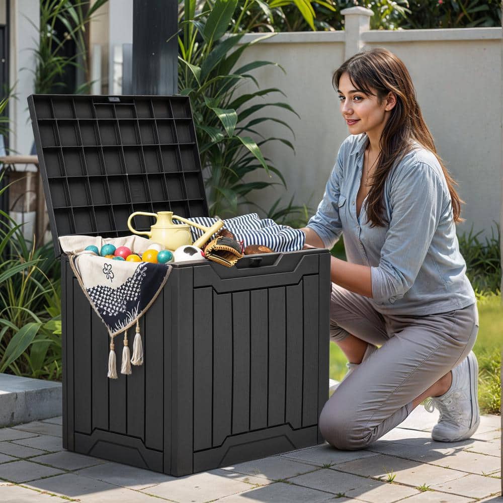 30 Gal. Outdoor Patio Deck Box, Weatherproof Resin Deck Box with Lockable Lid, Black - Hercitys