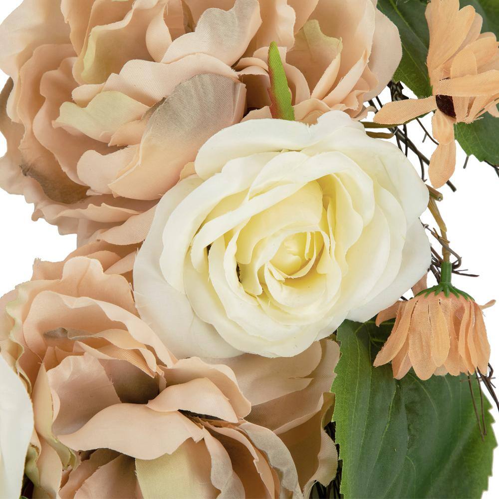 22 in. Peach and White Floral Fall Harvest Artificial Wreath - Hercitys