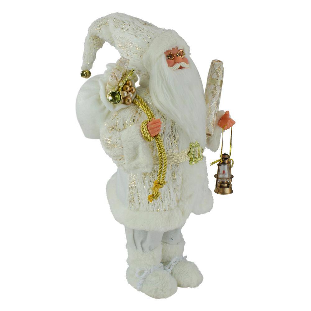 12 in. Standing Santa Christmas Figure Dressed in Plush Winter White and Gold - Hercitys