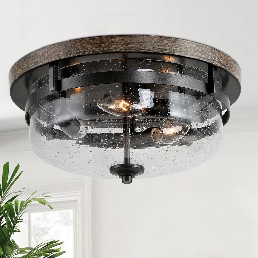13.5 in. 3-Light Rough Black/Dark Gray Drum Semi-Flush Mount with Faux Wood Textured Plate & Clear Seeded Glass Shade - Hercitys