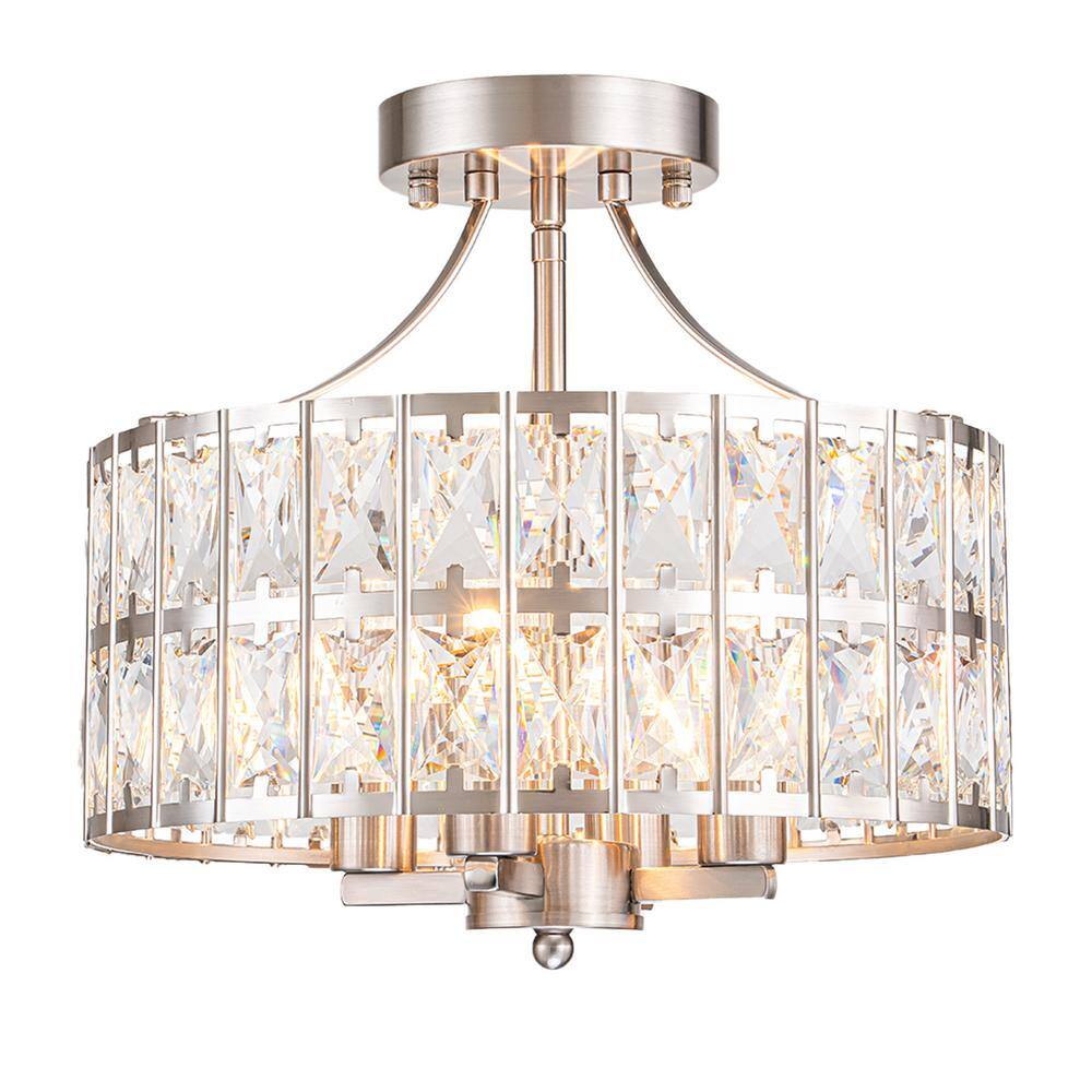 12.6 in. 4-Light Round Nickel Drum Semi Flush Mount Ceiling Light with Clear Crystal Glass with No Bulbs Included - Hercitys