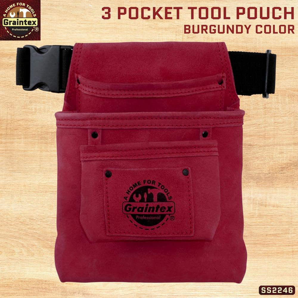 3-Pocket Nail and Tool Pouch with Burgundy Suede Leather Belt - Hercitys