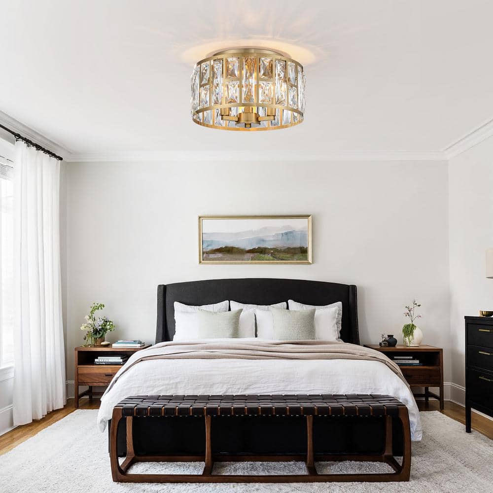 12 in. 3-Light Round Modern Gold Drum Flush Mount Ceiling Light with Clear Crystal Shade - Hercitys